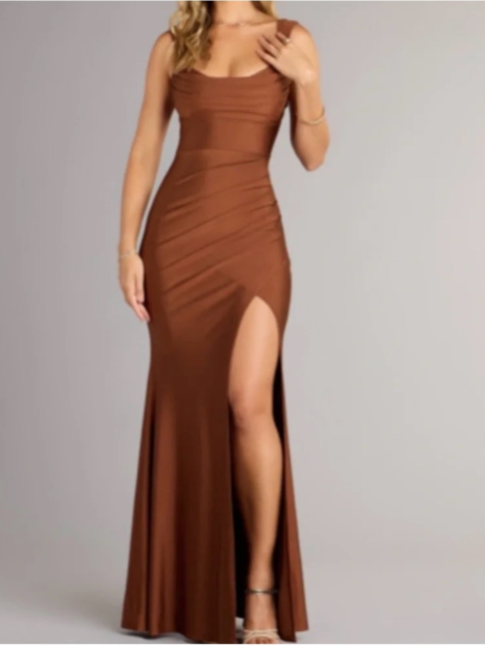 Sculpted Brown Maxi Dress with High Side Slit